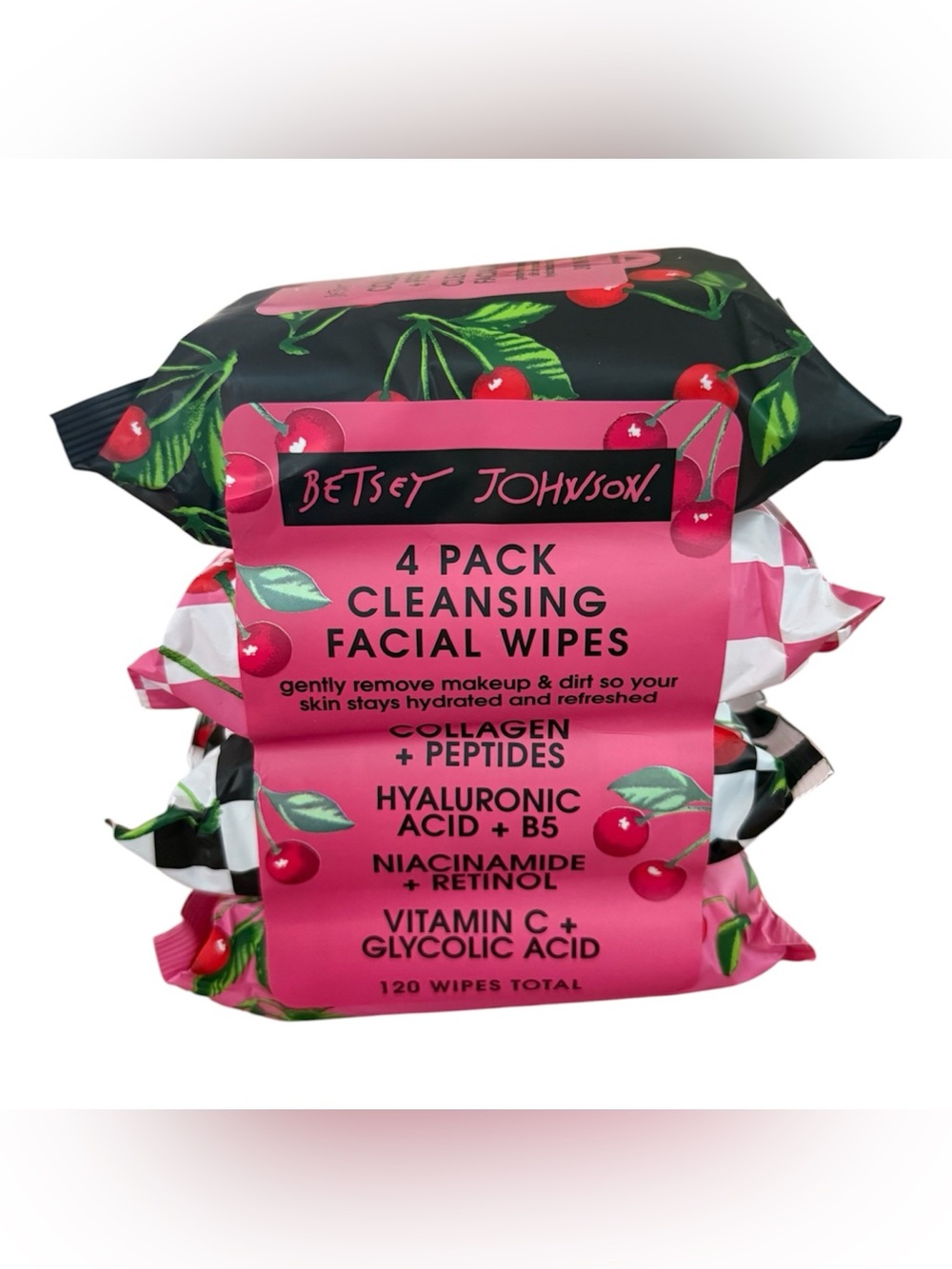 Betsey Johnson Pink, Black & Red Cherry Print Facial Wipes 4-Pack